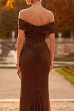 Sparkly Coffee Mermaid Off the Shoulder Ruched Long Formal Dress