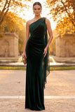 Dark Green Mermaid One Shoulder Ruched Long Velvet Holiday Party Dress with Side Cape