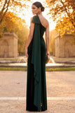 Dark Green Mermaid One Shoulder Ruched Long Velvet Holiday Party Dress with Side Cape
