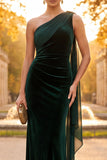 Dark Green Mermaid One Shoulder Ruched Long Velvet Holiday Party Dress with Side Cape