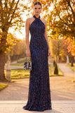 Sparkly Navy Sheath Halter Ruched Sequins Long Formal Dress