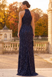 Sparkly Navy Sheath Halter Ruched Sequins Long Formal Dress