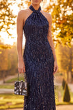 Sparkly Navy Sheath Halter Ruched Sequins Long Formal Dress