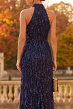 Sparkly Navy Sheath Halter Ruched Sequins Long Formal Dress