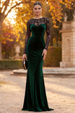 Dark Green Mermaid Illusion Round Neck Long Sleeves Velvet Holiday Party Dress with Lace