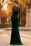 Dark Green Mermaid Illusion Round Neck Long Sleeves Velvet Holiday Party Dress with Lace