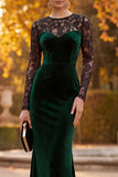 Dark Green Mermaid Illusion Round Neck Long Sleeves Velvet Holiday Party Dress with Lace