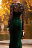 Dark Green Mermaid Illusion Round Neck Long Sleeves Velvet Holiday Party Dress with Lace