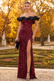 Sparkly Burgundy Mermaid Floral Off the Shoulder Sequins Ruffled Long Formal Dress with Slit