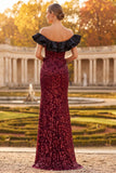 Sparkly Burgundy Mermaid Floral Off the Shoulder Sequins Ruffled Long Formal Dress with Slit