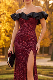 Sparkly Burgundy Mermaid Floral Off the Shoulder Sequins Ruffled Long Formal Dress with Slit