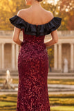 Sparkly Burgundy Mermaid Floral Off the Shoulder Sequins Ruffled Long Formal Dress with Slit