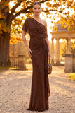 Coffee Sparkly Mermaid One Shoulder Ruched Long Formal Dress with Side Cape