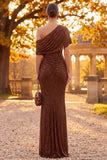 Coffee Sparkly Mermaid One Shoulder Ruched Long Formal Dress with Side Cape