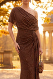 Coffee Sparkly Mermaid One Shoulder Ruched Long Formal Dress with Side Cape