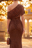 Coffee Sparkly Mermaid One Shoulder Ruched Long Formal Dress with Side Cape