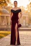 Burgundy Mermaid Ruched Off the Shoulder Long Velvet Holiday Party Dress with Slit