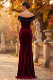 Burgundy Mermaid Ruched Off the Shoulder Long Velvet Holiday Party Dress with Slit