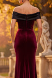 Burgundy Mermaid Ruched Off the Shoulder Long Velvet Holiday Party Dress with Slit