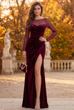 Burgundy Sheath Illusion Neck Ruched Long Sleeves Velvet Holiday Party Dress with Slit