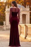 Burgundy Sheath Illusion Neck Ruched Long Sleeves Velvet Holiday Party Dress with Slit