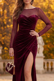 Burgundy Sheath Illusion Neck Ruched Long Sleeves Velvet Holiday Party Dress with Slit