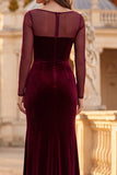 Burgundy Sheath Illusion Neck Ruched Long Sleeves Velvet Holiday Party Dress with Slit