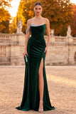 Dark Green Sheath One Shoulder Ruched Long Velvet Holiday Party Dress with Rhinestones
