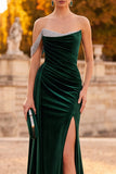 Dark Green Sheath One Shoulder Ruched Long Velvet Holiday Party Dress with Rhinestones