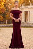 Burgundy Mermaid Off the Shoulder Long Velvet Holiday Party Dress