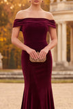 Burgundy Mermaid Off the Shoulder Long Velvet Holiday Party Dress