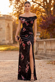 Black Off the Shoulder Ruched Long Velvet Holiday Party Dress with Slit