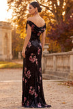 Black Off the Shoulder Ruched Long Velvet Holiday Party Dress with Slit