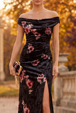 Black Off the Shoulder Ruched Long Velvet Holiday Party Dress with Slit