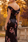 Black Off the Shoulder Ruched Long Velvet Holiday Party Dress with Slit