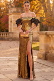 Golden Sheath Off the Shoulder Sequins Long Formal Dress with Bow