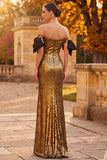 Golden Sheath Off the Shoulder Sequins Long Formal Dress with Bow
