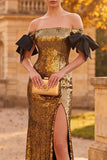 Golden Sheath Off the Shoulder Sequins Long Formal Dress with Bow