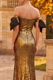 Golden Sheath Off the Shoulder Sequins Long Formal Dress with Bow