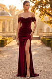 Burgundy Mermaid Corset Off the Shoulder Lace Ruched Long Velvet Holiday Party Dress with Slit