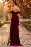Burgundy Mermaid Corset Off the Shoulder Lace Ruched Long Velvet Holiday Party Dress with Slit