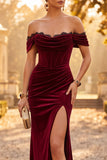 Burgundy Mermaid Corset Off the Shoulder Lace Ruched Long Velvet Holiday Party Dress with Slit
