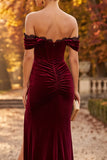 Burgundy Mermaid Corset Off the Shoulder Lace Ruched Long Velvet Holiday Party Dress with Slit