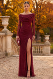 Burgundy Sheath Cowl Neck Beaded Long Sleeves Formal Dress with Slit