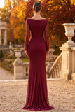 Burgundy Sheath Cowl Neck Beaded Long Sleeves Formal Dress with Slit