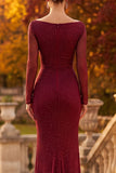 Burgundy Sheath Cowl Neck Beaded Long Sleeves Formal Dress with Slit
