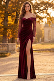 Burgundy Sheath Off the Shoulder Ruched Long Velvet Holiday Party Dress with Slit