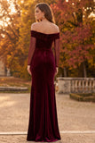 Burgundy Sheath Off the Shoulder Ruched Long Velvet Holiday Party Dress with Slit