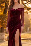Burgundy Sheath Off the Shoulder Ruched Long Velvet Holiday Party Dress with Slit