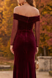 Burgundy Sheath Off the Shoulder Ruched Long Velvet Holiday Party Dress with Slit
